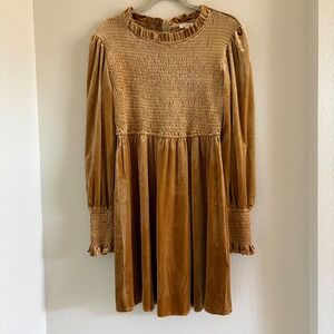 Jodifl Smocked Velvet Mini Dress Camel Tan Long Sleeve Ruffle Neck G10566 Size M